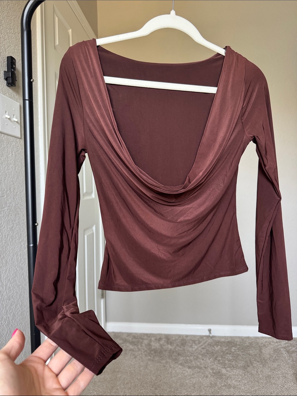 Women’s Long Sleeve Scoop Back Top in Brown - Picture 2 of 6